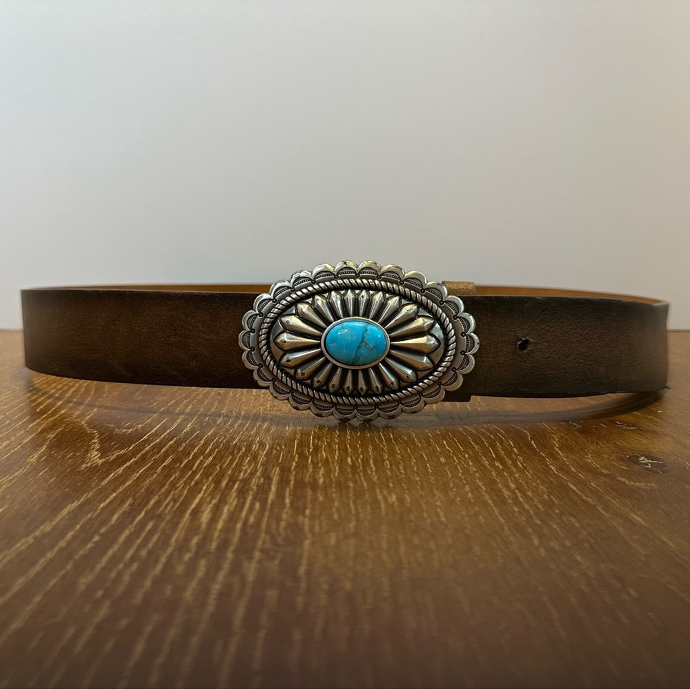 Ariat Western Belt Womens Leather Oval Faux Turquoise Stone Buckle Brown Large - Picture 2 of 7